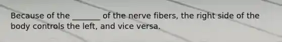 Because of the _______ of the nerve fibers, the right side of the body controls the left, and vice versa.