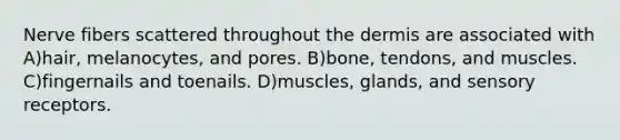 Nerve fibers scattered throughout <a href='https://www.questionai.com/knowledge/kEsXbG6AwS-the-dermis' class='anchor-knowledge'>the dermis</a> are associated with A)hair, melanocytes, and pores. B)bone, tendons, and muscles. C)fingernails and toenails. D)muscles, glands, and sensory receptors.