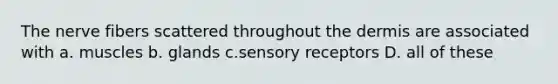 The nerve fibers scattered throughout the dermis are associated with a. muscles b. glands c.sensory receptors D. all of these