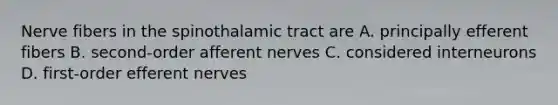 Nerve fibers in the spinothalamic tract are A. principally efferent fibers B. second-order afferent nerves C. considered interneurons D. first-order efferent nerves