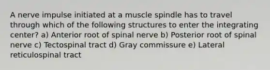 A nerve impulse initiated at a muscle spindle has to travel through which of the following structures to enter the integrating center? a) Anterior root of spinal nerve b) Posterior root of spinal nerve c) Tectospinal tract d) Gray commissure e) Lateral reticulospinal tract