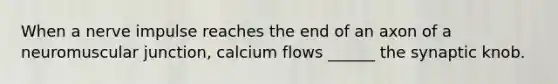 When a nerve impulse reaches the end of an axon of a neuromuscular junction, calcium flows ______ the synaptic knob.