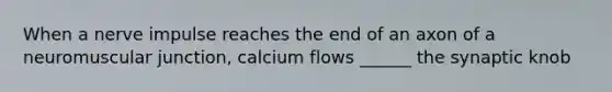 When a nerve impulse reaches the end of an axon of a neuromuscular junction, calcium flows ______ the synaptic knob