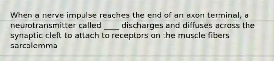 When a nerve impulse reaches the end of an axon terminal, a neurotransmitter called ____ discharges and diffuses across the synaptic cleft to attach to receptors on the muscle fibers sarcolemma