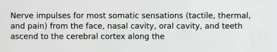 Nerve impulses for most somatic sensations (tactile, thermal, and pain) from the face, nasal cavity, oral cavity, and teeth ascend to the cerebral cortex along the