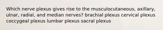 Which nerve plexus gives rise to the musculocutaneous, axillary, ulnar, radial, and median nerves? brachial plexus cervical plexus coccygeal plexus lumbar plexus sacral plexus