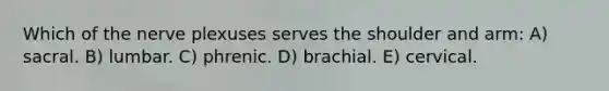 Which of the nerve plexuses serves the shoulder and arm: A) sacral. B) lumbar. C) phrenic. D) brachial. E) cervical.