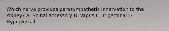 Which nerve provides parasympathetic innervation to the kidney? A. Spinal accessory B. Vagus C. Trigeminal D. Hypoglossal