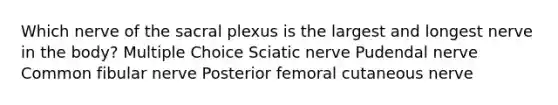 Which nerve of the sacral plexus is the largest and longest nerve in the body? Multiple Choice Sciatic nerve Pudendal nerve Common fibular nerve Posterior femoral cutaneous nerve