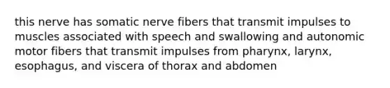 this nerve has somatic nerve fibers that transmit impulses to muscles associated with speech and swallowing and autonomic motor fibers that transmit impulses from pharynx, larynx, esophagus, and viscera of thorax and abdomen