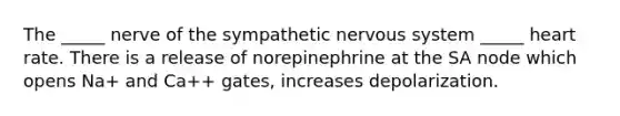 The _____ nerve of the sympathetic nervous system _____ heart rate. There is a release of norepinephrine at the SA node which opens Na+ and Ca++ gates, increases depolarization.