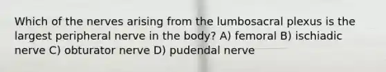 Which of the nerves arising from the lumbosacral plexus is the largest peripheral nerve in the body? A) femoral B) ischiadic nerve C) obturator nerve D) pudendal nerve