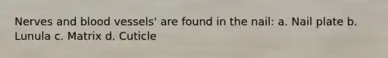 Nerves and blood vessels' are found in the nail: a. Nail plate b. Lunula c. Matrix d. Cuticle