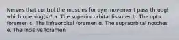 Nerves that control the muscles for eye movement pass through which opening(s)? a. The superior orbital fissures b. The optic foramen c. The infraorbital foramen d. The supraorbital notches e. The incisive foramen