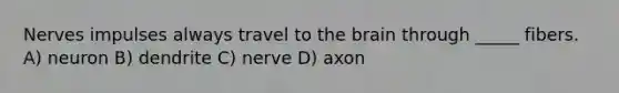 Nerves impulses always travel to the brain through _____ fibers. A) neuron B) dendrite C) nerve D) axon