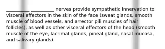 __________ __________ nerves provide sympathetic innervation to visceral effectors in the skin of the face (sweat glands, smooth muscle of blood vessels, and arrector pili muscles of hair follicles), as well as other visceral effectors of the head (smooth muscle of the eye, lacrimal glands, pineal gland, nasal mucosa, and salivary glands).