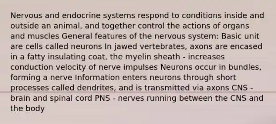 Nervous and endocrine systems respond to conditions inside and outside an animal, and together control the actions of organs and muscles General features of the nervous system: Basic unit are cells called neurons In jawed vertebrates, axons are encased in a fatty insulating coat, the myelin sheath - increases conduction velocity of nerve impulses Neurons occur in bundles, forming a nerve Information enters neurons through short processes called dendrites, and is transmitted via axons CNS - brain and spinal cord PNS - nerves running between the CNS and the body