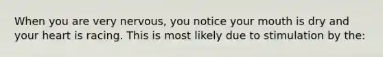 When you are very nervous, you notice your mouth is dry and your heart is racing. This is most likely due to stimulation by the: