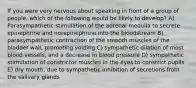 If you were very nervous about speaking in front of a group of people, which of the following would be likely to develop? A) Parasympathetic stimulation of the adrenal medulla to secrete epinephrine and norepinephrine into the bloodstream B) parasympathetic contraction of the smooth muscles of the bladder wall, promoting voiding C) sympathetic dilation of most blood vessels, and a decrease in blood pressure D) sympathetic stimulation of constrictor muscles in the eyes to constrict pupils E) dry mouth, due to sympathetic inhibition of secretions from the salivary glands