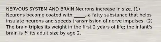 NERVOUS SYSTEM AND BRAIN Neurons increase in size. (1) Neurons become coated with _____, a fatty substance that helps insulate neurons and speeds transmission of nerve impulses. (2) The brain triples its weight in the first 2 years of life; the infant's brain is ¾ its adult size by age 2.