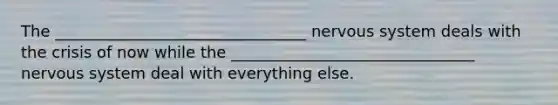 The ________________________________ nervous system deals with the crisis of now while the _______________________________ nervous system deal with everything else.