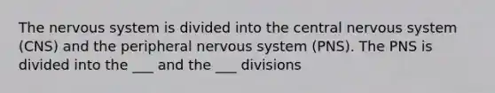 The nervous system is divided into the central nervous system (CNS) and the peripheral nervous system (PNS). The PNS is divided into the ___ and the ___ divisions