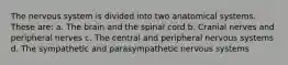 The nervous system is divided into two anatomical systems. These are: a. The brain and the spinal cord b. Cranial nerves and peripheral nerves c. The central and peripheral nervous systems d. The sympathetic and parasympathetic nervous systems