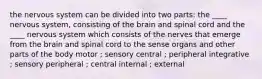 the nervous system can be divided into two parts: the ____ nervous system, consisting of the brain and spinal cord and the ____ nervous system which consists of the nerves that emerge from the brain and spinal cord to the sense organs and other parts of the body motor ; sensory central ; peripheral integrative ; sensory peripheral ; central internal ; external