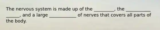 The nervous system is made up of the _________, the ___________ ______, and a large ____________ of nerves that covers all parts of the body.