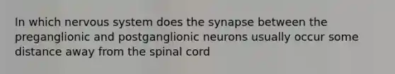 In which nervous system does the synapse between the preganglionic and postganglionic neurons usually occur some distance away from the spinal cord