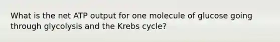 What is the net ATP output for one molecule of glucose going through glycolysis and the <a href='https://www.questionai.com/knowledge/kqfW58SNl2-krebs-cycle' class='anchor-knowledge'>krebs cycle</a>?