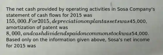 The net cash provided by operating activities in Sosa Company's statement of cash flows for 2015 was 155,000. For 2015, depreciation on plant assets was45,000, amortization of patent was 8,000, and cash dividends paid on common stock was54,000. Based only on the information given above, Sosa's net income for 2015 was