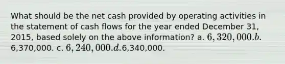 What should be the net cash provided by operating activities in the statement of cash flows for the year ended December 31, 2015, based solely on the above information? a. 6,320,000. b.6,370,000. c. 6,240,000. d.6,340,000.