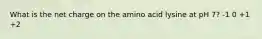 What is the net charge on the amino acid lysine at pH 7? -1 0 +1 +2