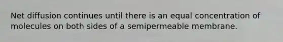 Net diffusion continues until there is an equal concentration of molecules on both sides of a semipermeable membrane.