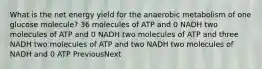 What is the net energy yield for the anaerobic metabolism of one glucose molecule? 36 molecules of ATP and 0 NADH two molecules of ATP and 0 NADH two molecules of ATP and three NADH two molecules of ATP and two NADH two molecules of NADH and 0 ATP PreviousNext