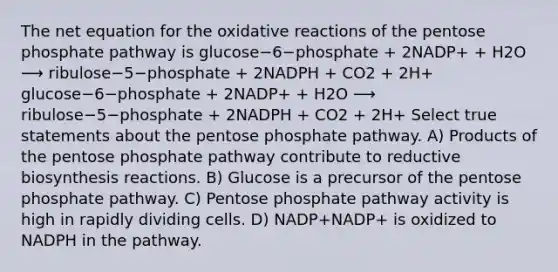 The net equation for the oxidative reactions of the pentose phosphate pathway is glucose−6−phosphate + 2NADP+ + H2O ⟶ ribulose−5−phosphate + 2NADPH + CO2 + 2H+ glucose−6−phosphate + 2NADP+ + H2O ⟶ ribulose−5−phosphate + 2NADPH + CO2 + 2H+ Select true statements about the pentose phosphate pathway. A) Products of the pentose phosphate pathway contribute to reductive biosynthesis reactions. B) Glucose is a precursor of the pentose phosphate pathway. C) Pentose phosphate pathway activity is high in rapidly dividing cells. D) NADP+NADP+ is oxidized to NADPH in the pathway.