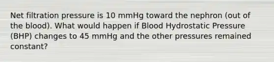 Net filtration pressure is 10 mmHg toward the nephron (out of the blood). What would happen if Blood Hydrostatic Pressure (BHP) changes to 45 mmHg and the other pressures remained constant?