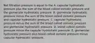 Net filtration pressure is equal to the A. capsular hydrostatic pressure plus the sum of the blood colloid osmotic pressure and the glomerular hydrostatic pressure. B. glomerular hydrostatic pressure minus the sum of the blood colloid osmotic pressure and capsular hydrostatic pressure. C. capsular hydrostatic pressure minus the sum of the blood colloid osmotic pressure and glomerular hydrostatic pressure. D. blood colloid osmotic pressure minus the capsular hydrostatic pressure. E. glomerular hydrostatic pressure plus blood colloid osmotic pressure minus capsular hydrostatic pressure.