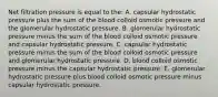 Net filtration pressure is equal to the: A. capsular hydrostatic pressure plus the sum of the blood colloid osmotic pressure and the glomerular hydrostatic pressure. B. glomerular hydrostatic pressure minus the sum of the blood colloid osmotic pressure and capsular hydrostatic pressure. C. capsular hydrostatic pressure minus the sum of the blood colloid osmotic pressure and glomerular hydrostatic pressure. D. blood colloid osmotic pressure minus the capsular hydrostatic pressure. E. glomerular hydrostatic pressure plus blood colloid osmotic pressure minus capsular hydrostatic pressure.