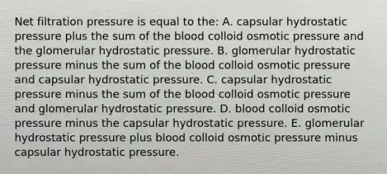 Net filtration pressure is equal to the: A. capsular hydrostatic pressure plus the sum of the blood colloid osmotic pressure and the glomerular hydrostatic pressure. B. glomerular hydrostatic pressure minus the sum of the blood colloid osmotic pressure and capsular hydrostatic pressure. C. capsular hydrostatic pressure minus the sum of the blood colloid osmotic pressure and glomerular hydrostatic pressure. D. blood colloid osmotic pressure minus the capsular hydrostatic pressure. E. glomerular hydrostatic pressure plus blood colloid osmotic pressure minus capsular hydrostatic pressure.