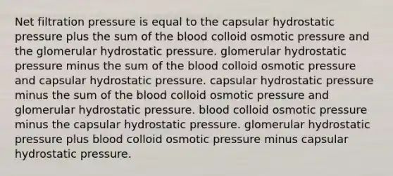 Net filtration pressure is equal to the capsular hydrostatic pressure plus the sum of the blood colloid osmotic pressure and the glomerular hydrostatic pressure. glomerular hydrostatic pressure minus the sum of the blood colloid osmotic pressure and capsular hydrostatic pressure. capsular hydrostatic pressure minus the sum of the blood colloid osmotic pressure and glomerular hydrostatic pressure. blood colloid osmotic pressure minus the capsular hydrostatic pressure. glomerular hydrostatic pressure plus blood colloid osmotic pressure minus capsular hydrostatic pressure.