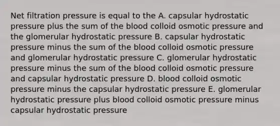 Net filtration pressure is equal to the A. capsular hydrostatic pressure plus the sum of the blood colloid osmotic pressure and the glomerular hydrostatic pressure B. capsular hydrostatic pressure minus the sum of the blood colloid osmotic pressure and glomerular hydrostatic pressure C. glomerular hydrostatic pressure minus the sum of the blood colloid osmotic pressure and capsular hydrostatic pressure D. blood colloid osmotic pressure minus the capsular hydrostatic pressure E. glomerular hydrostatic pressure plus blood colloid osmotic pressure minus capsular hydrostatic pressure