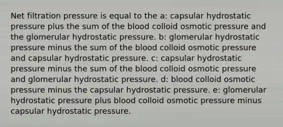 Net filtration pressure is equal to the a: capsular hydrostatic pressure plus the sum of the blood colloid osmotic pressure and the glomerular hydrostatic pressure. b: glomerular hydrostatic pressure minus the sum of the blood colloid osmotic pressure and capsular hydrostatic pressure. c: capsular hydrostatic pressure minus the sum of the blood colloid osmotic pressure and glomerular hydrostatic pressure. d: blood colloid osmotic pressure minus the capsular hydrostatic pressure. e: glomerular hydrostatic pressure plus blood colloid osmotic pressure minus capsular hydrostatic pressure.