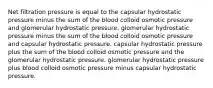 Net filtration pressure is equal to the capsular hydrostatic pressure minus the sum of the blood colloid osmotic pressure and glomerular hydrostatic pressure. glomerular hydrostatic pressure minus the sum of the blood colloid osmotic pressure and capsular hydrostatic pressure. capsular hydrostatic pressure plus the sum of the blood colloid osmotic pressure and the glomerular hydrostatic pressure. glomerular hydrostatic pressure plus blood colloid osmotic pressure minus capsular hydrostatic pressure.