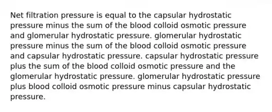 Net filtration pressure is equal to the capsular hydrostatic pressure minus the sum of the blood colloid osmotic pressure and glomerular hydrostatic pressure. glomerular hydrostatic pressure minus the sum of the blood colloid osmotic pressure and capsular hydrostatic pressure. capsular hydrostatic pressure plus the sum of the blood colloid osmotic pressure and the glomerular hydrostatic pressure. glomerular hydrostatic pressure plus blood colloid osmotic pressure minus capsular hydrostatic pressure.