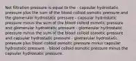 Net filtration pressure is equal to the - capsular hydrostatic pressure plus the sum of the blood colloid osmotic pressure and the glomerular hydrostatic pressure - capsular hydrostatic pressure minus the sum of the blood colloid osmotic pressure and glomerular hydrostatic pressure - glomerular hydrostatic pressure minus the sum of the blood colloid osmotic pressure and capsular hydrostatic pressure - glomerular hydrostatic pressure plus blood colloid osmotic pressure minus capsular hydrostatic pressure. - blood colloid osmotic pressure minus the capsular hydrostatic pressure.