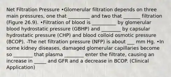 Net Filtration Pressure •Glomerular filtration depends on three main pressures, one that _________ and two that _______ filtration (Figure 26.9). •Filtration of blood is __________ by glomerular blood hydrostatic pressure (GBHP) and ________ by capsular hydrostatic pressure (CHP) and blood colloid osmotic pressure (BCOP). -The net filtration pressure (NFP) is about ___ mm Hg. •In some kidney diseases, damaged glomerular capillaries become so ________ that plasma ________ enter the filtrate, causing an increase in _____ and GFR and a decrease in BCOP. (Clinical Application)