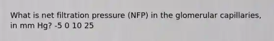 What is net filtration pressure (NFP) in the glomerular capillaries, in mm Hg? -5 0 10 25