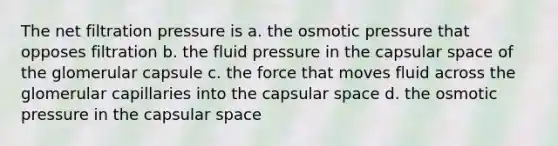 The net filtration pressure is a. the osmotic pressure that opposes filtration b. the fluid pressure in the capsular space of the glomerular capsule c. the force that moves fluid across the glomerular capillaries into the capsular space d. the osmotic pressure in the capsular space